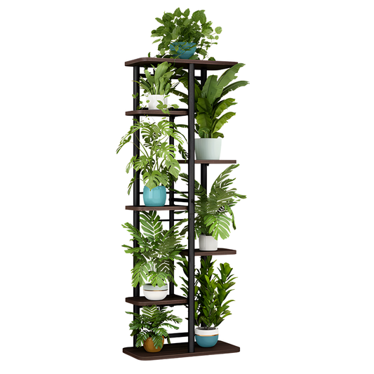 Livista plantenrek met 6 planken – Industrieel plantenrek van metaal & hout – Ruimtebesparend plantentoren voor binnen