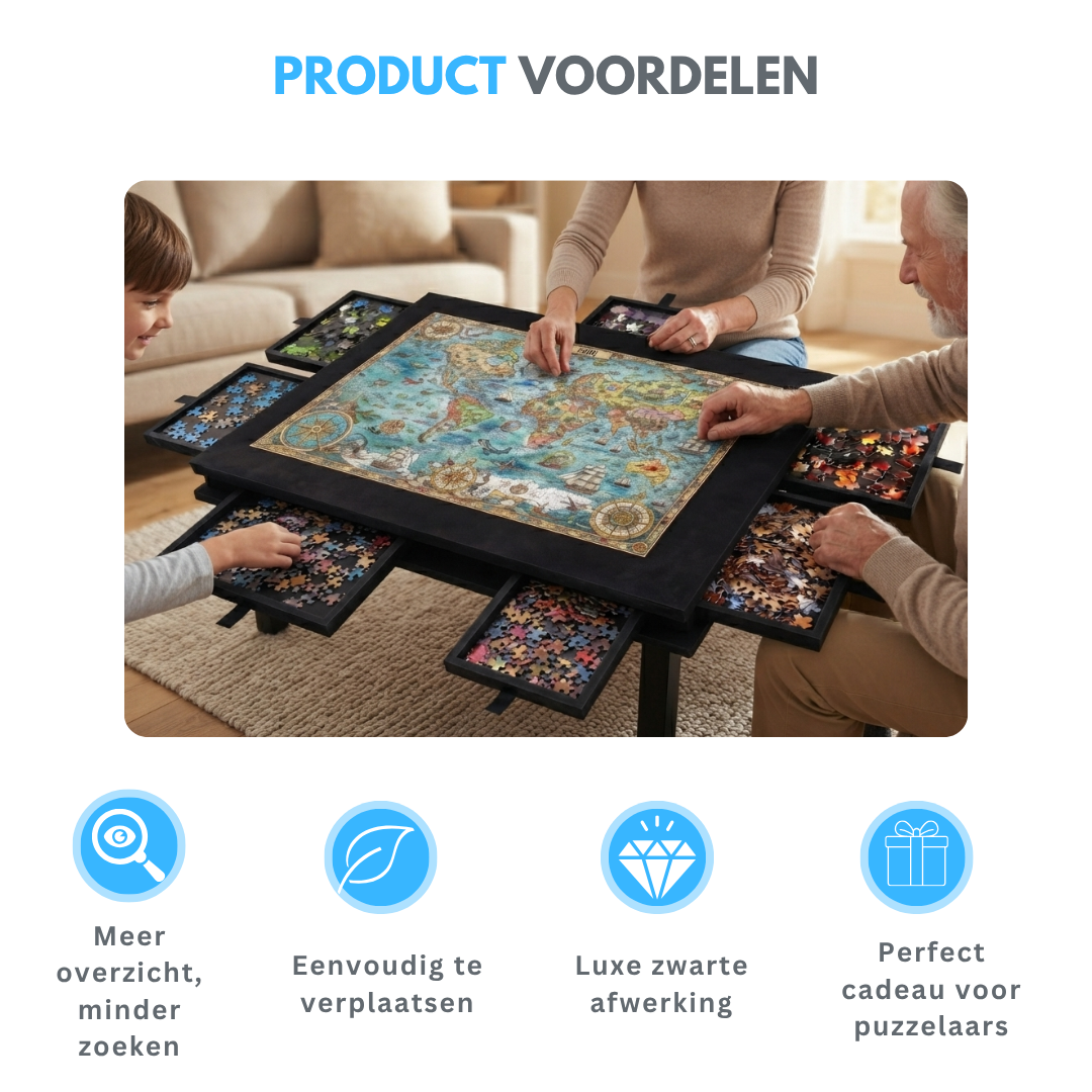 Livista Puzzelplaat voor 1500 Puzzelstukjes met 6 Lades – Puzzelbord met Opbergsysteem -– Puzzelmat van Hout – Puzzeltafel - Zwart