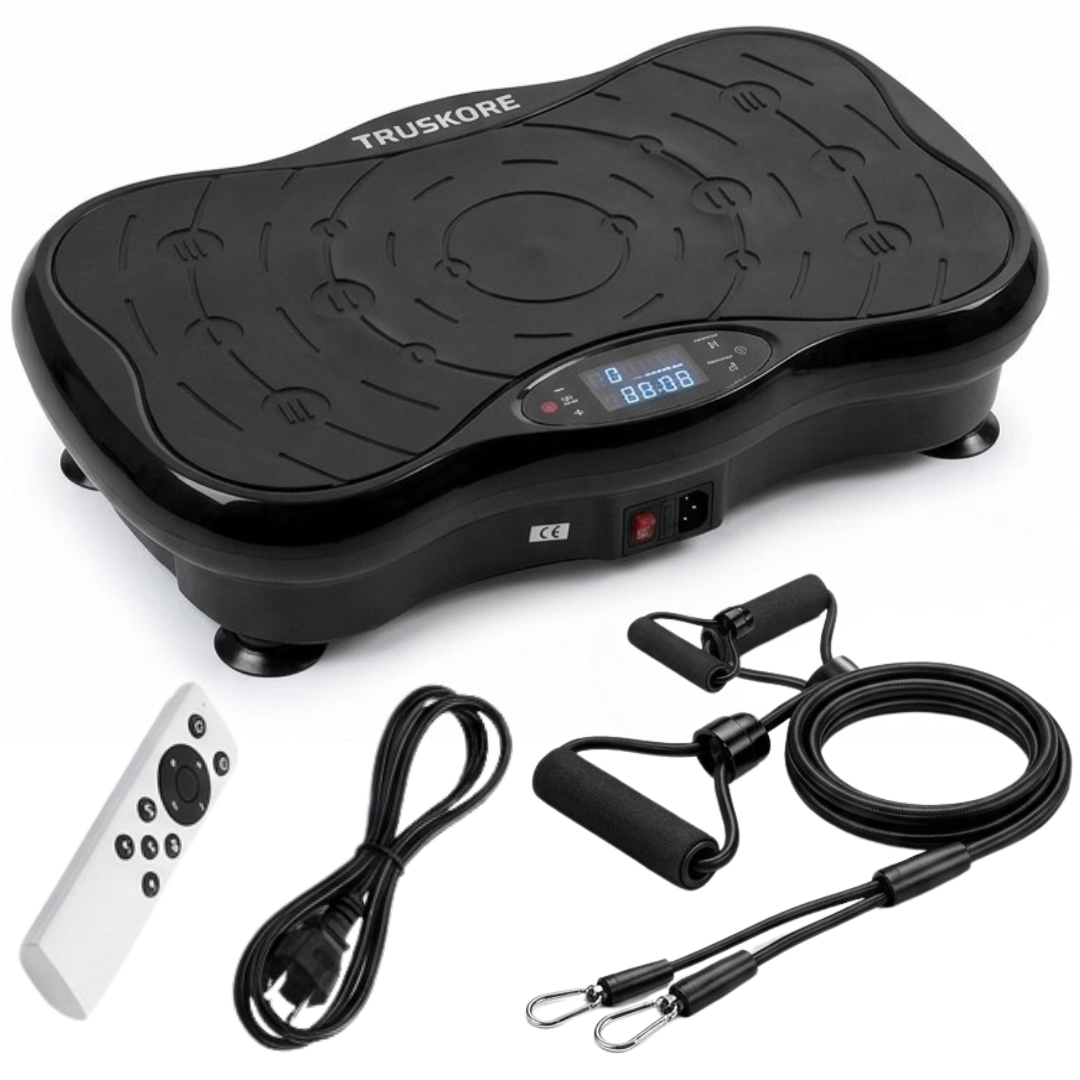 Truskore Trilplaat - Trilplaat Fitness - Powerplate - - 5 Trainingsprogramma's - 99 Snelheid niveaus - Trainingsapparatuur voor Uithoudingstraining - Met Bluetooth - Inclusief Weerstandsbanden en Handvatten - Zwart