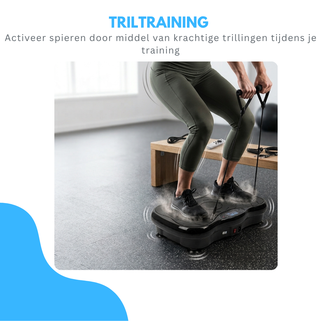 Truskore Trilplaat - Trilplaat Fitness - Powerplate - - 5 Trainingsprogramma's - 99 Snelheid niveaus - Trainingsapparatuur voor Uithoudingstraining - Met Bluetooth - Inclusief Weerstandsbanden en Handvatten - Zwart