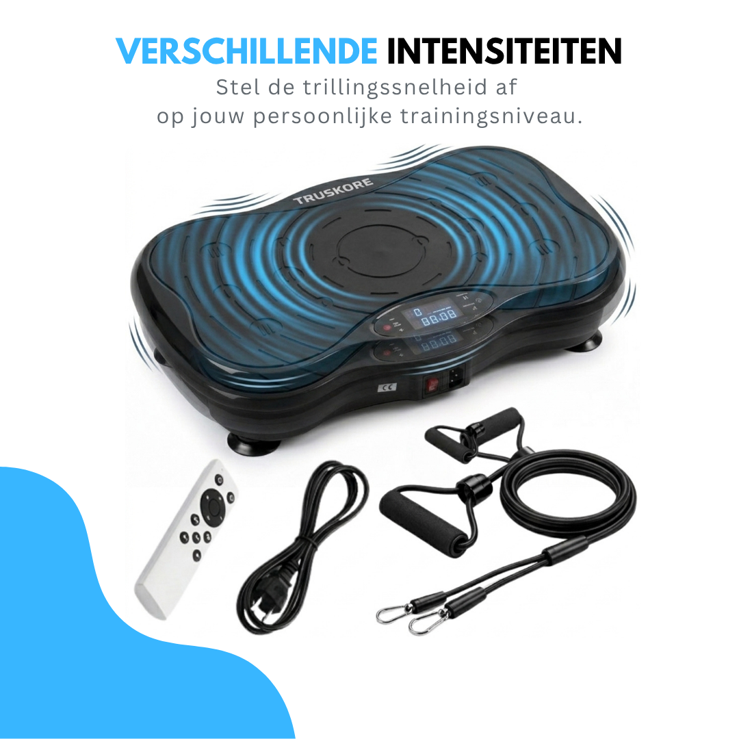 Truskore Trilplaat - Trilplaat Fitness - Powerplate - - 5 Trainingsprogramma's - 99 Snelheid niveaus - Trainingsapparatuur voor Uithoudingstraining - Met Bluetooth - Inclusief Weerstandsbanden en Handvatten - Zwart