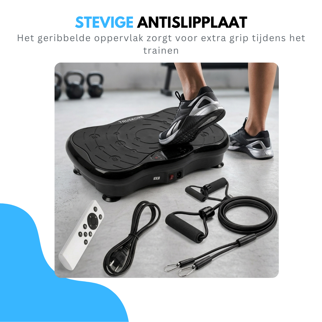 Truskore Trilplaat - Trilplaat Fitness - Powerplate - - 5 Trainingsprogramma's - 99 Snelheid niveaus - Trainingsapparatuur voor Uithoudingstraining - Met Bluetooth - Inclusief Weerstandsbanden en Handvatten - Zwart