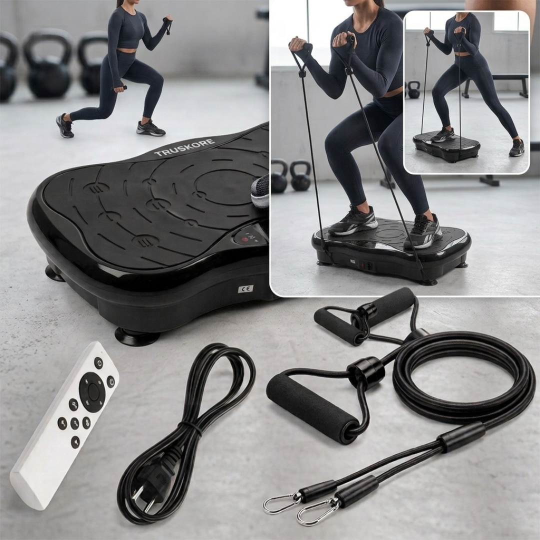 Truskore Trilplaat - Trilplaat Fitness - Powerplate - - 5 Trainingsprogramma's - 99 Snelheid niveaus - Trainingsapparatuur voor Uithoudingstraining - Met Bluetooth - Inclusief Weerstandsbanden en Handvatten - Zwart
