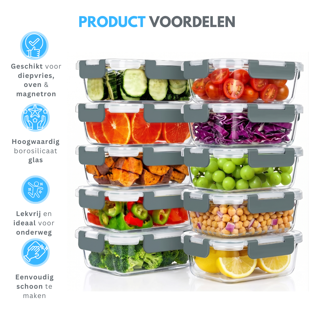 Livista Glazen Vershoudbakjes Set 10 Stuks – Luchtdicht & Stapelbaar – Meal Prep Bakjes & Diepvriesbakjes