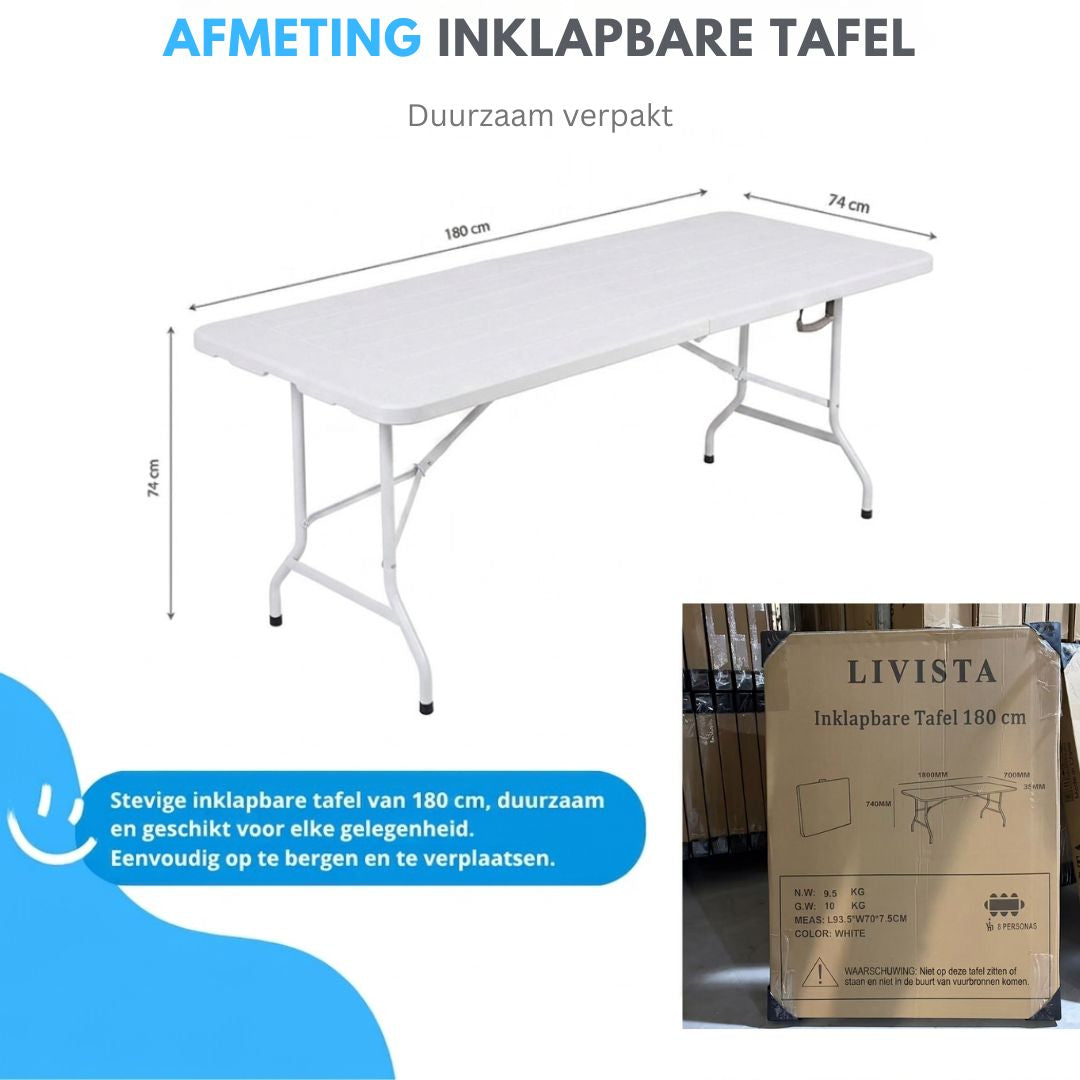 Livista Luxe Klaptafel 180x70 cm – Inklapbare Tafel - Opvouwbare Campingtafel & Stevige Tuintafel – Draagkracht tot 250 kg – Vouwtafel - Antislip en Weerbestendig -Handig voor Feest, Tuin of Camping - Wit