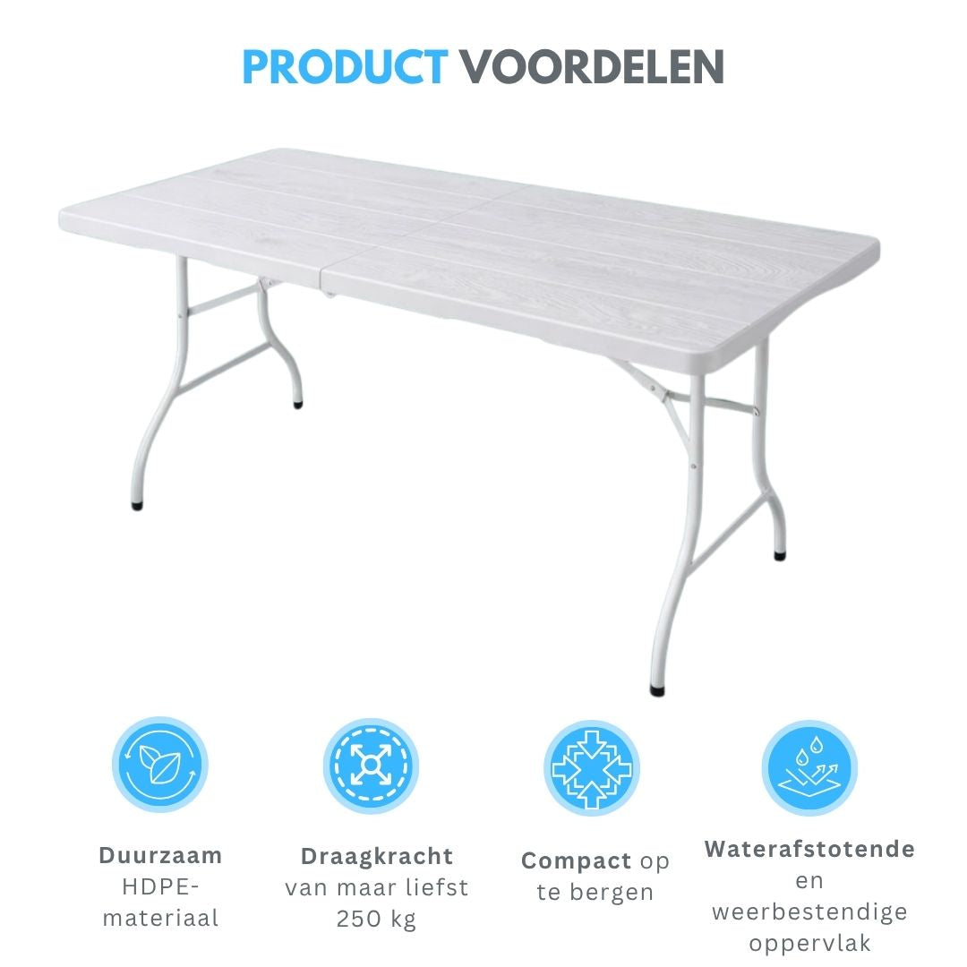 Livista Luxe Klaptafel 180x70 cm – Inklapbare Tafel - Opvouwbare Campingtafel & Stevige Tuintafel – Draagkracht tot 250 kg – Vouwtafel - Antislip en Weerbestendig -Handig voor Feest, Tuin of Camping - Wit