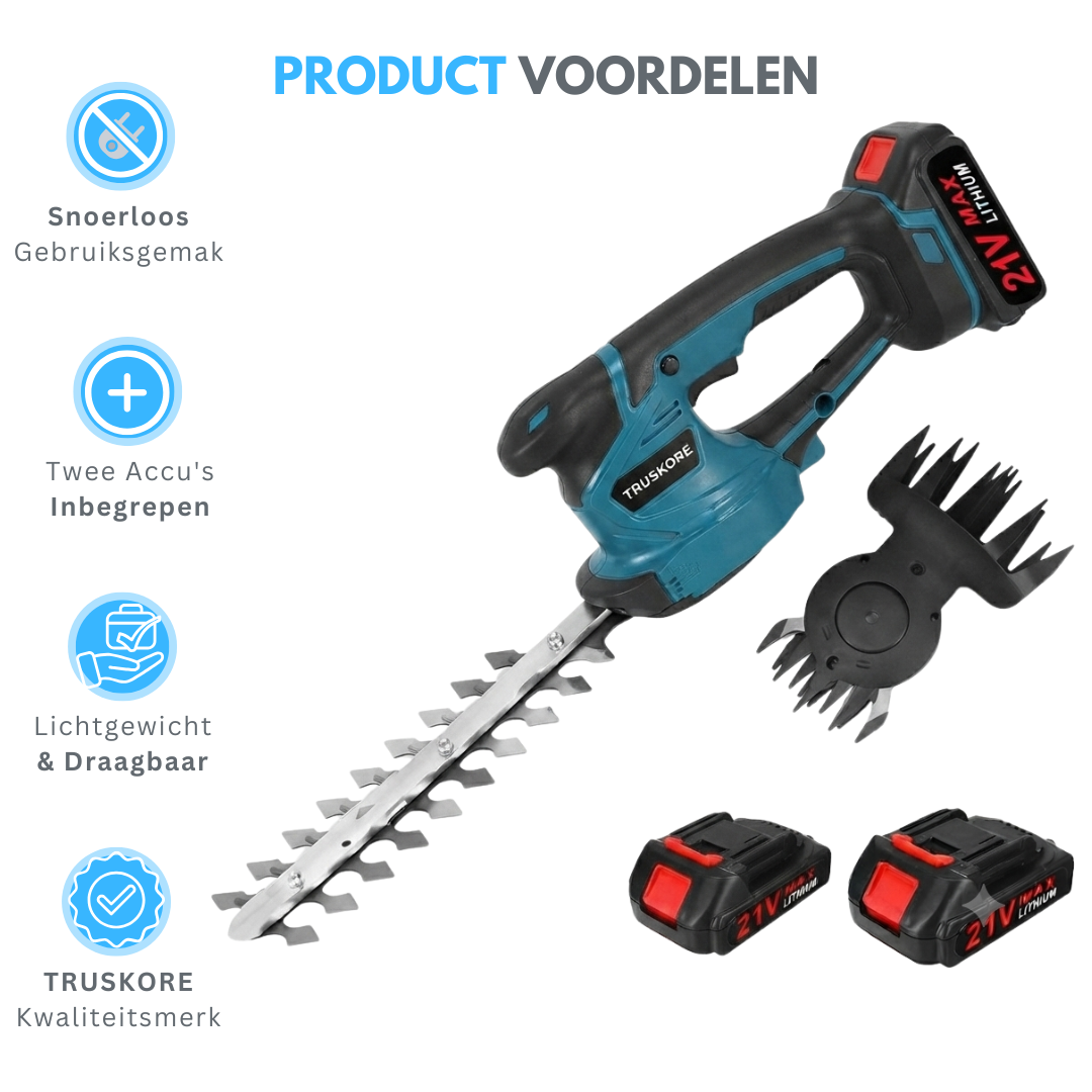Truskore Accu Heggenschaar - - Elektrische Grasschaar - Draadloze Snoeischaar - Heggenknipper - Incl. Buxusschaarmes & Grasschaarmes - 2 Accu's - Blauw