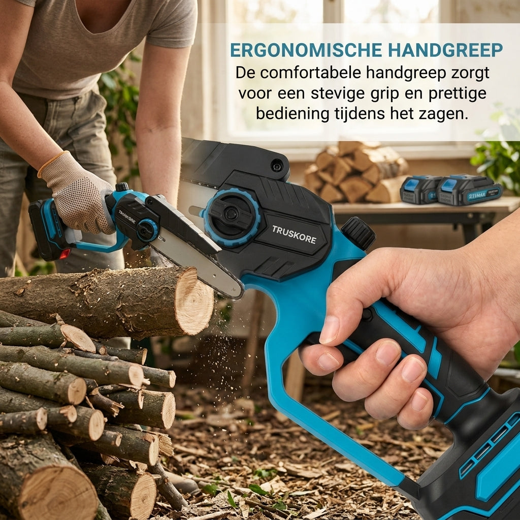 Truskore Mini kettingzaag 20cm - Accu Kettingzaag - Snoeizaag - Takkenzaag - Handzaag - Inclusief Opbergkoffer, 2 Accu's (4.0Ah) & 2 Kettingen