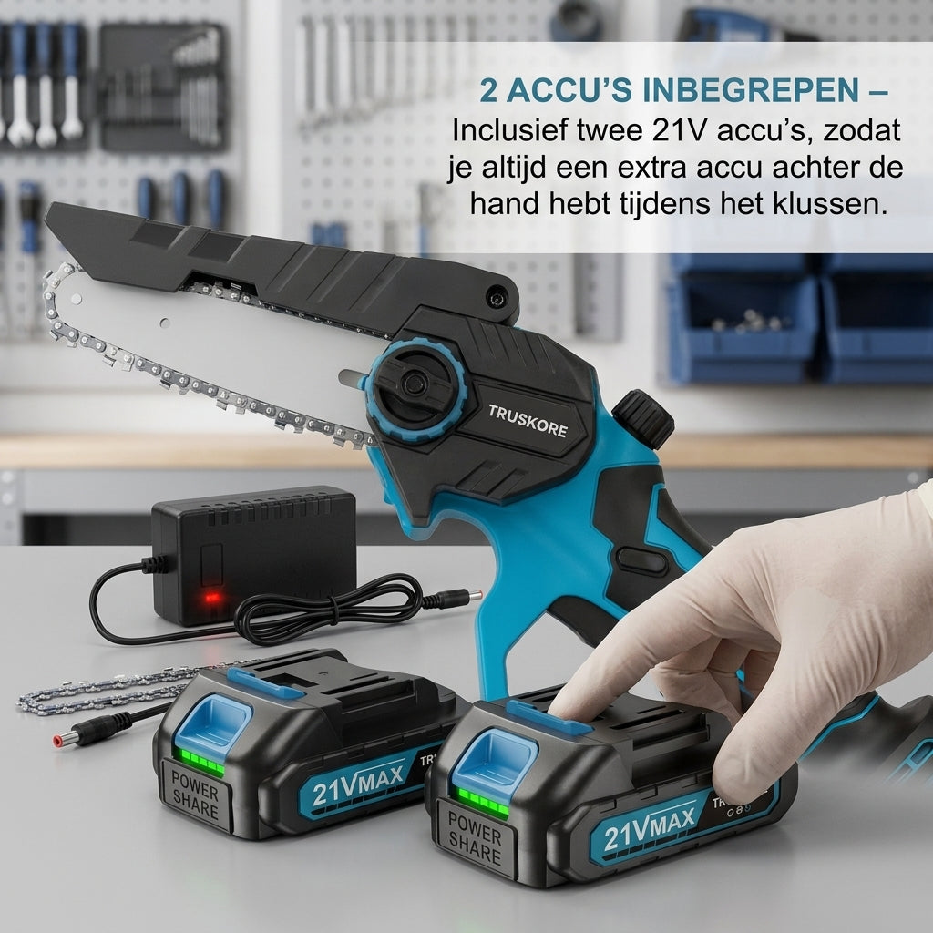 Truskore Mini kettingzaag 20cm - Accu Kettingzaag - Snoeizaag - Takkenzaag - Handzaag - Inclusief Opbergkoffer, 2 Accu's (4.0Ah) & 2 Kettingen