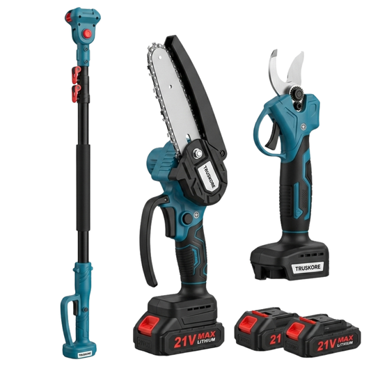 Truskore 4-in-1 Accu Tuingereedschap Set 244cm - Telescopische Snoeischaar & Telescopische Mini Kettingzaag - Mini Kettingzaag & 25 mm Elektrische Snoeischaar - 21V Li-Ion - 8 inch - Incl. 2 Accu's, Lader & Koffer