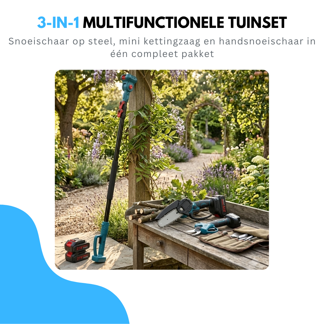 Truskore 4-in-1 Accu Tuingereedschap Set 244cm - Telescopische Snoeischaar & Telescopische Mini Kettingzaag - Mini Kettingzaag & 25 mm Elektrische Snoeischaar - 21V Li-Ion - 8 inch - Incl. 2 Accu's, Lader & Koffer
