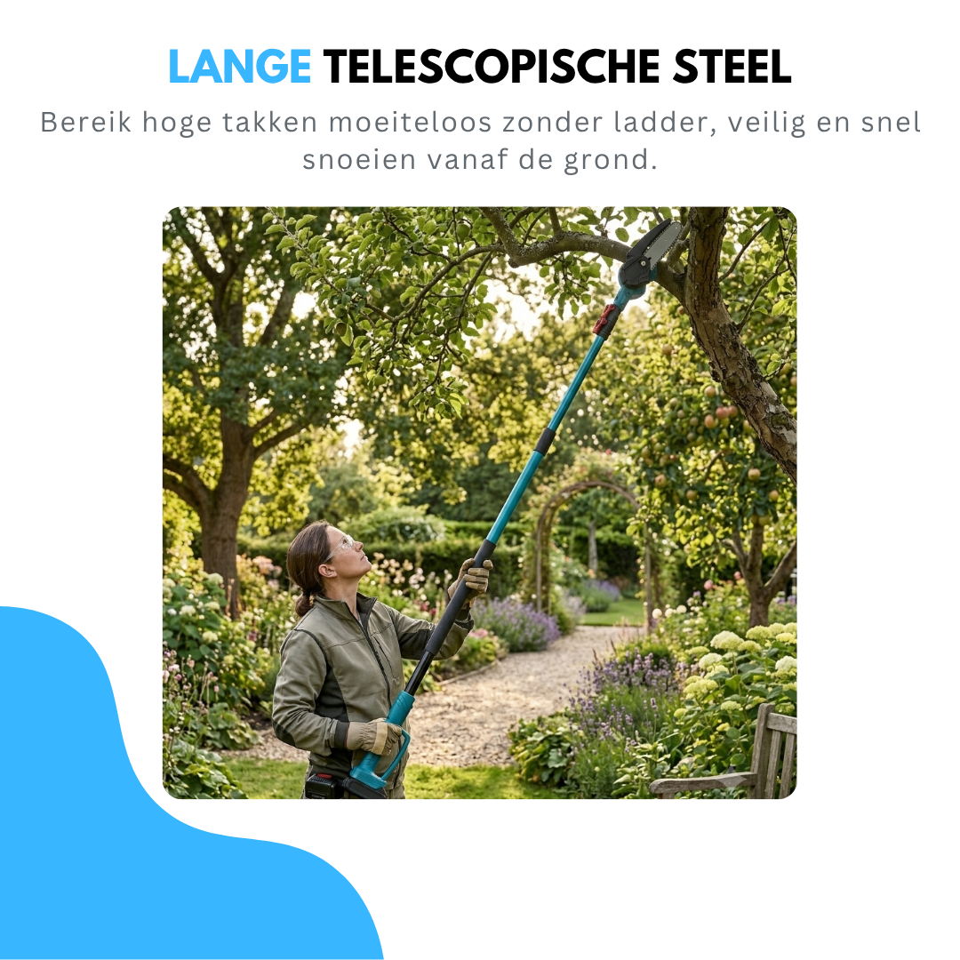 Truskore 4-in-1 Accu Tuingereedschap Set 244cm - Telescopische Snoeischaar & Telescopische Mini Kettingzaag - Mini Kettingzaag & 25 mm Elektrische Snoeischaar - 21V Li-Ion - 8 inch - Incl. 2 Accu's, Lader & Koffer